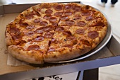 Peperoniwurst-Pizza im Pizzakarton