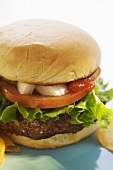 Hamburger with tomato, onions, ketchup and crisps