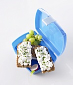 Lunch box with soft cheese sandwiches, grapes and radish