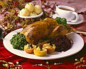 Christmas goose with kale, red cabbage, baked apples, dumplings