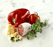 Salami, Parmesan, oregano, pepper, tomato & diced courgette