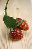 Strawberries with leaf on wooden background