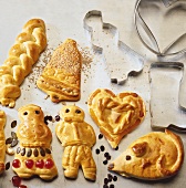 Figures, heart, mouse, bell and plait in yeast dough
