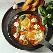 Fried eggs with tomato sugo in frying pan