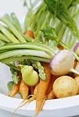 Spring vegetables in a white dish