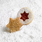 Cinnamon star and Linzer biscuit on icing sugar