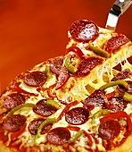 Salami and pepper pizza, one slice on pizza server
