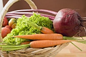 Fresh carrots, beetroot, lettuce and tomatoes in basket