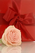 Gift in red wrapping paper with ribbon and rose (detail)