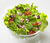 Green salad with diced bacon and tomatoes