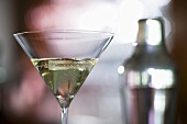 Cocktailglas mit Cocktailshaker im Hintergrund