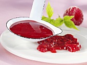 Raspberry sauce on plate and in ladle