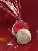 Halved beetroot on red background