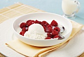 Vanilla Bean Ice Cream with Fresh Raspberries; In Bowl; Spoon