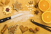 Christmas biscuits and baking ingredients, seen from above