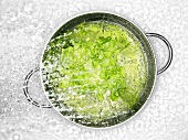 Frische Salatblätter werden mit Wasser bespritzt