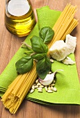 Spaghetti and pesto ingredients