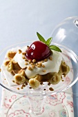 Waffle with vanilla cream and cherries