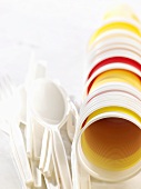 Plastic cups and cutlery for a party