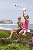 Two girls feeding chips to a seagull at the beach