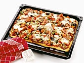 Colourful pizza topped with olives, mushrooms, ham & tomatoes