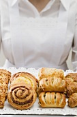 Assorted Danish pastries on a silver tray