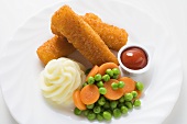 Fish fingers with mashed potato, peas and carrots