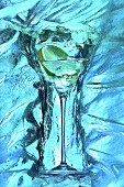 Martini with slice of lemon, surrounded by ice