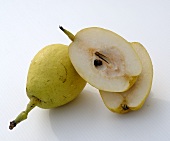 Whole and halved Nashi pears