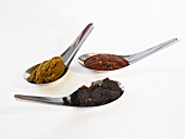Three Asian spice pastes on spoons