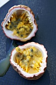 A halved passion fruit