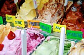 Assorted types of ice cream on offer at an ice cream parlour