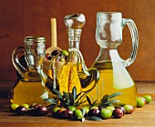 Olive oil in assorted carafes