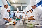 A head chef and trainee chefs in a commercial kitchen