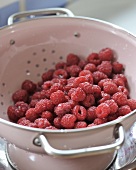 Fresh raspberries in a colander