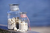 Two storage jars filled with sand and shells