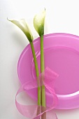 Pink plate with ribbon and calla lilies
