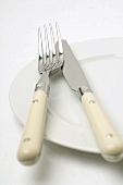 Messer und Gabel auf weißem Teller