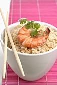 Bowl of rice with prawn and coriander leaves (Asia)
