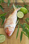 Red mullet and limes on wooden board