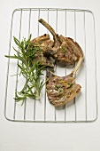 Three grilled lamb cutlets with herb oil and rosemary