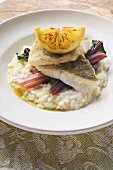 Sea bass fillets with risotto and chard