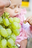 Child eating fresh green grapes