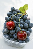 Blueberries and two cherries in plastic punnet
