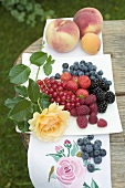Fresh berries on plate, peaches and apricot beside it