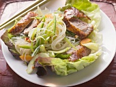 Lettuce with roast duck breast, vegetables, glass noodles (Asia)