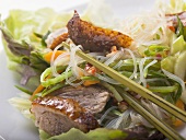 Lettuce with roast duck breast, vegetables, glass noodles (Asia)