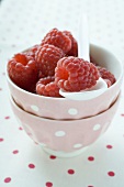 Raspberries in small pink bowl with spoon
