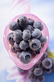 Fresh blueberries in pink glass jug (overhead view)