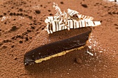 Piece of chocolate tart on cocoa powder